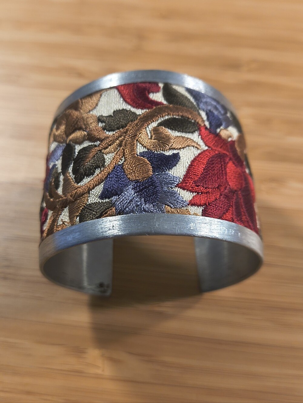 Wide Floral Embroidered Tapestry Silver Tone Metal Cuff Bracelet Boho Statement